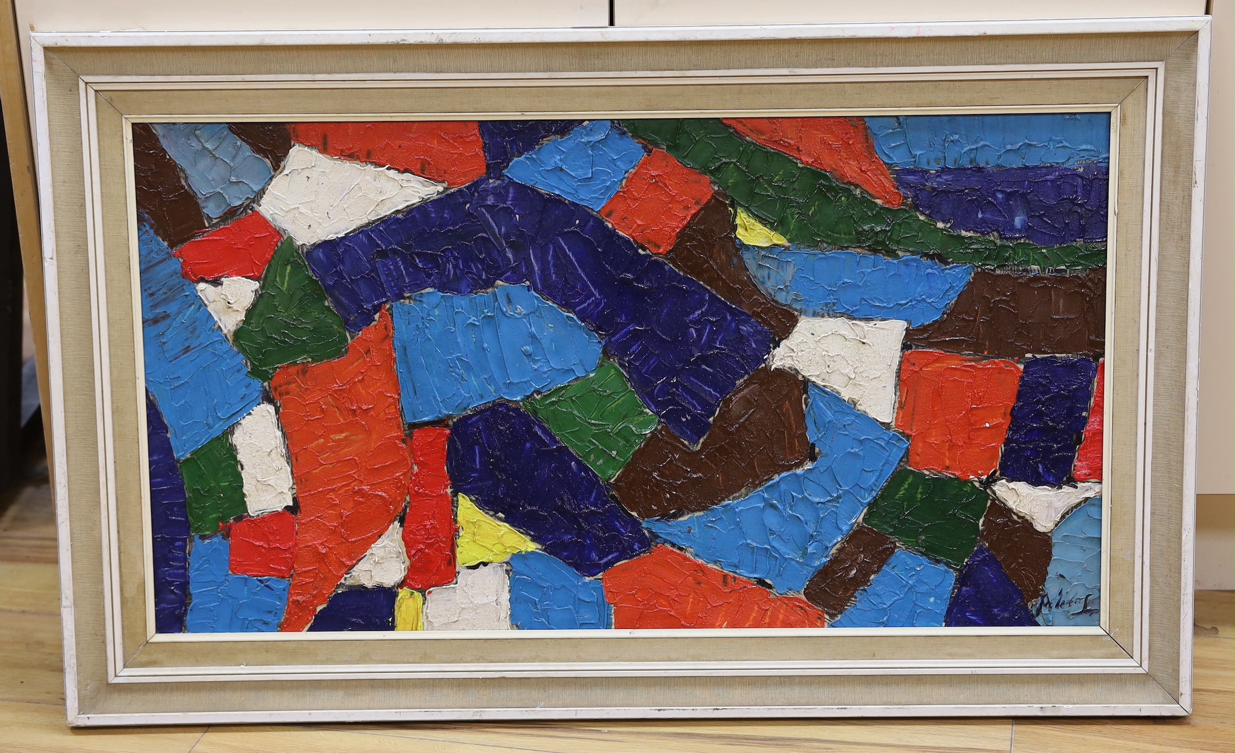 A modern oil on board, Abstract, indistinctly signed, 45 x 83cm